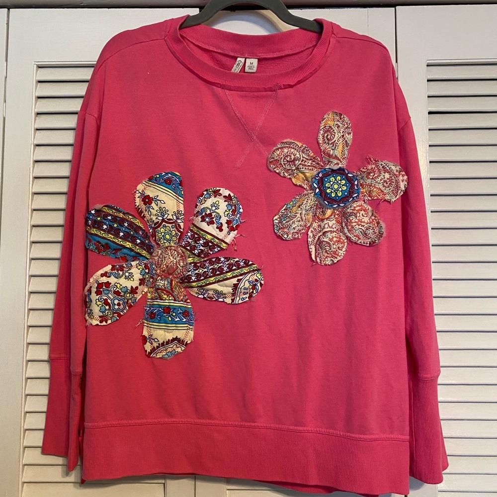 Pink Sweatshirt with Raw Frayed Edge Floral Appliqué